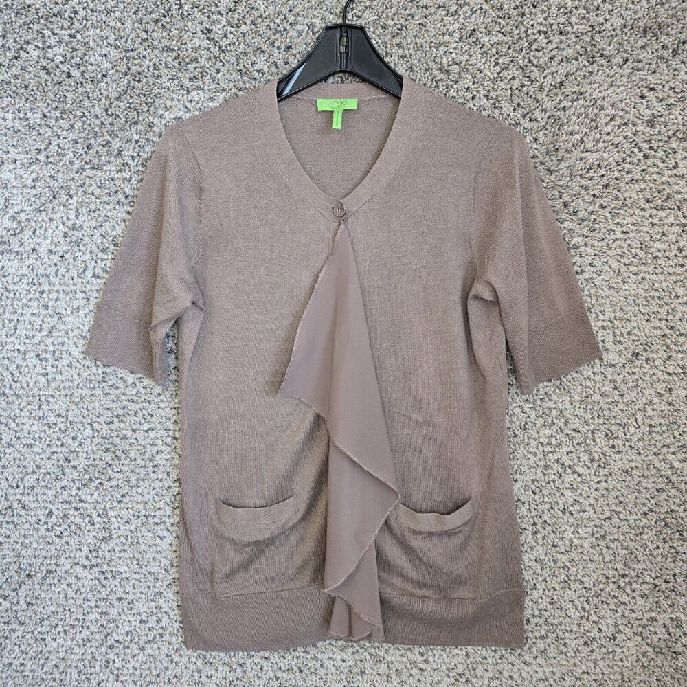 LOGO Instant Chic Cardigan Womens Small Brown Button Ruffle Lightweight Ladies